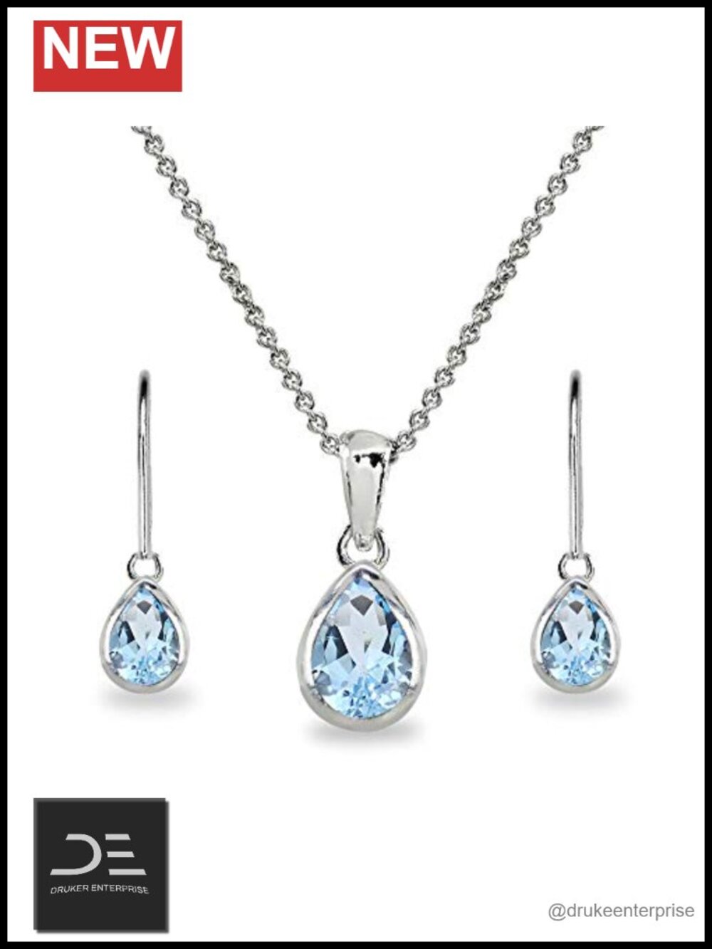 Sterling Silver Blue Topaz Necklace & Earring Set Women Jewelry